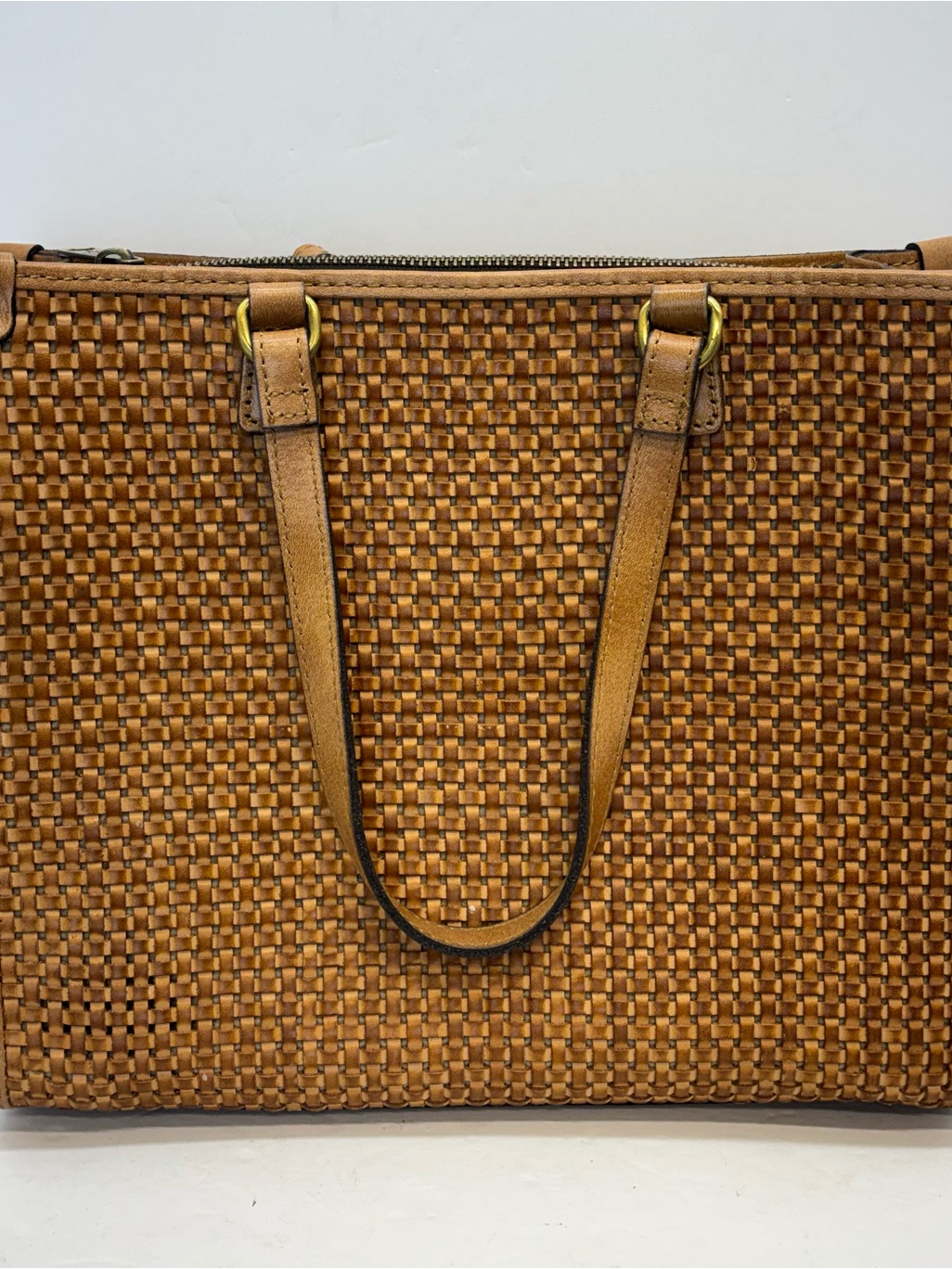 Patricia Nash Ava Brown Leather Woven Tote Bag Boho Chic Resortwear Cottage